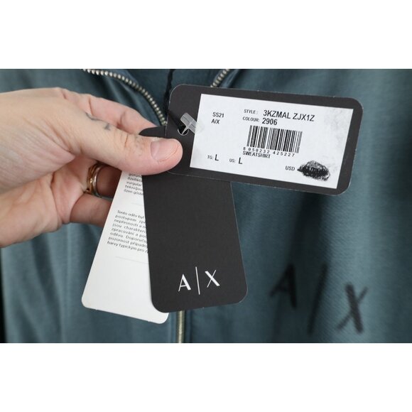 New Armani Exchange Mens Large Spell Out Full Zip Terry Cloth Sweatshirt Teal - Picture 6 of 16